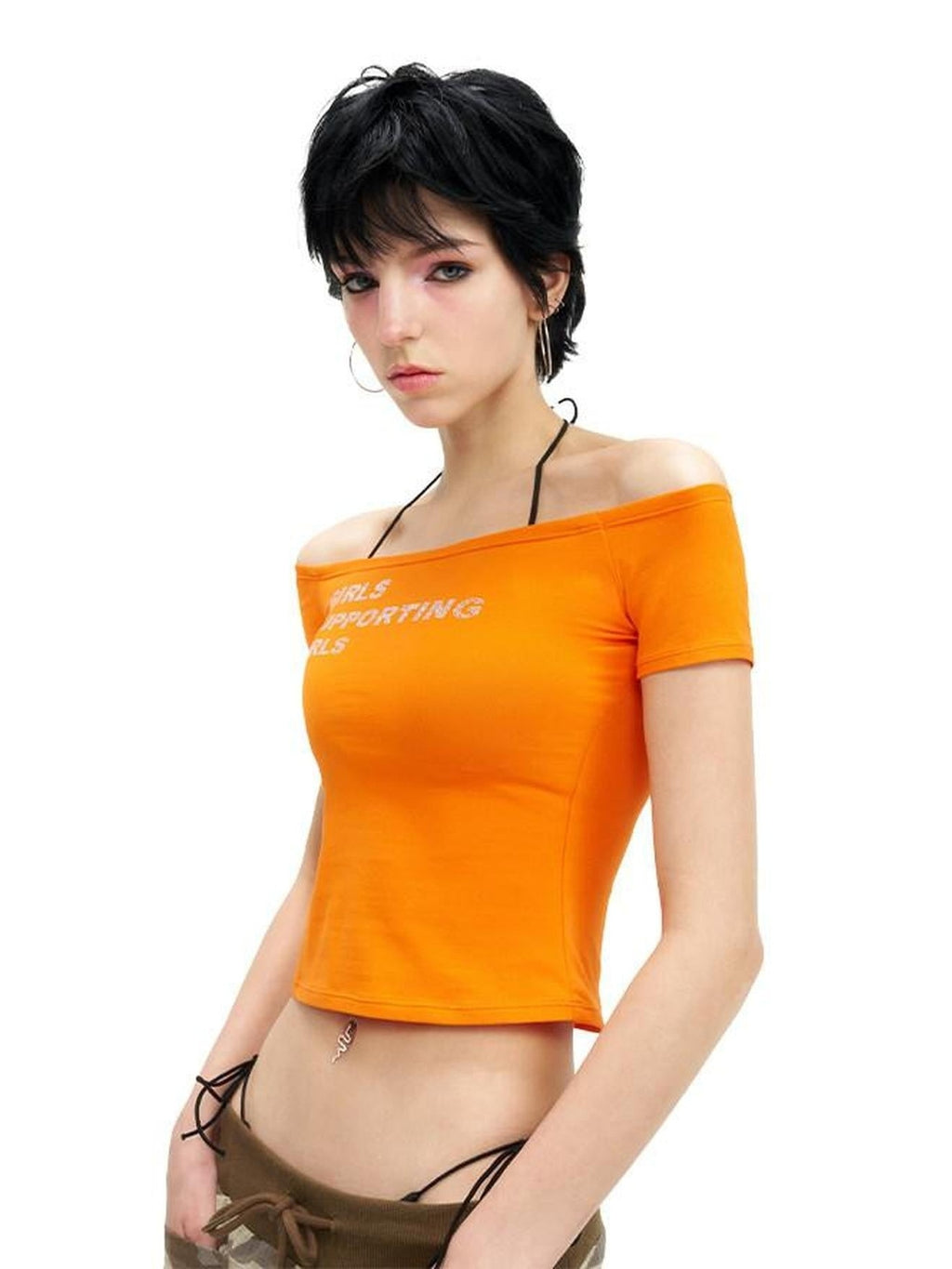 NextPassport MOF Multicolor Rhinestone Lettering Off Shoulder Women's Cotton Crop Tops