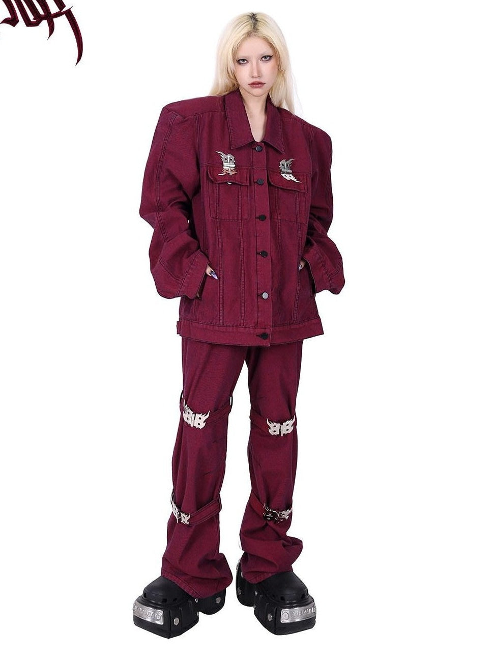 PINKSPINK Dark Red Wash Flame Buckle Lace Up Y2k Women's Denim Bootcut Jeans