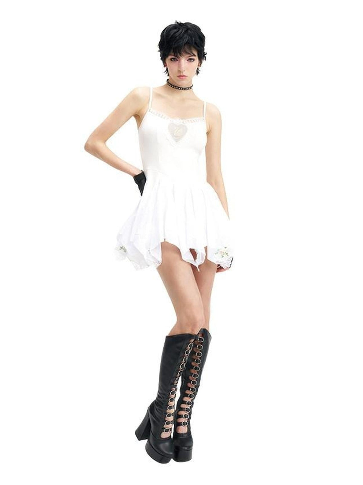 NextPassport MOF Ivory Swan Embroidery Lace Trim Ballet Hem Women's Cotton Halter Midi Dresses