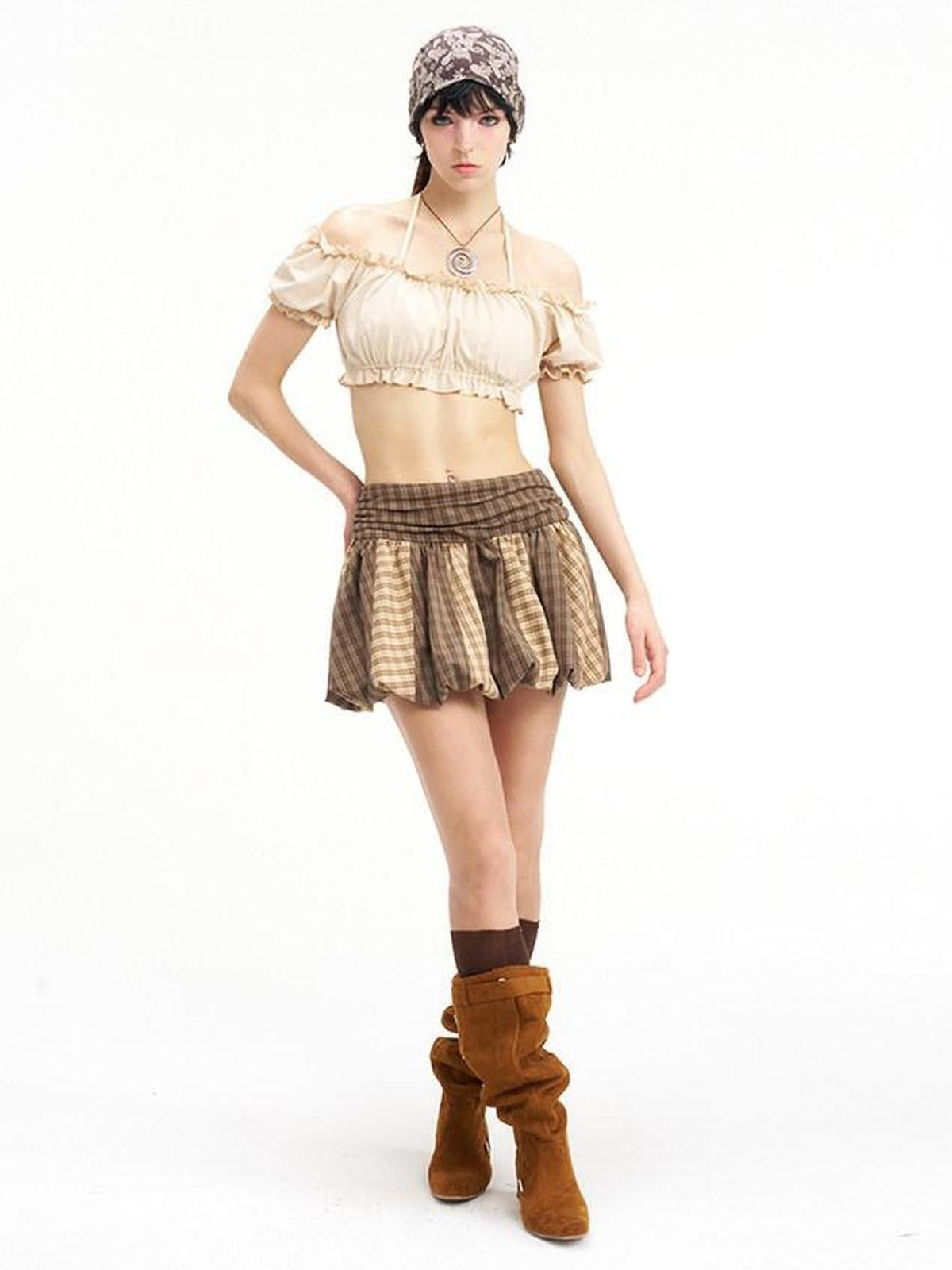 NextPassport MOF Brown Plaid Patchwork Striped Pumpkin Women's Polyester Blend Mini Skirts
