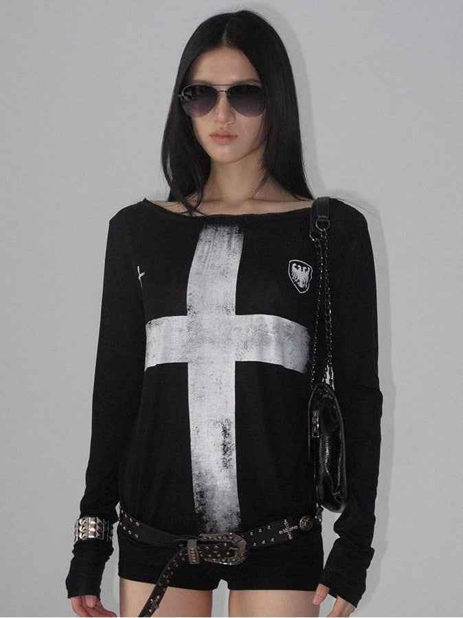 Fanptntox Distressed Cross Print Slanted Shoulder Women's Lyocell Long Sleeve T-shirts