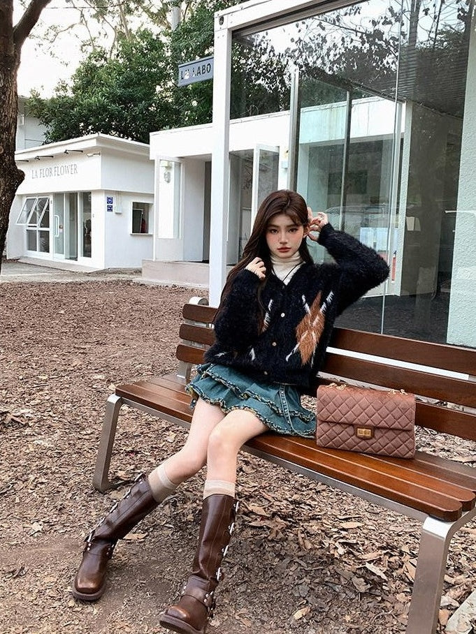 Kyouko Baby Denim Tiered Ruffle Cardigan Slimming Women's Knit Top & Skirt Sets