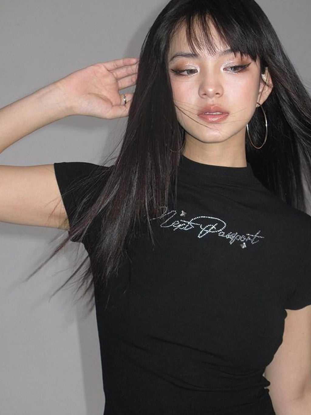 NextPassport MOF Rhinestone Logo Print Waist Cinched Women's Recycled Viscose Blend Slim T-shirts