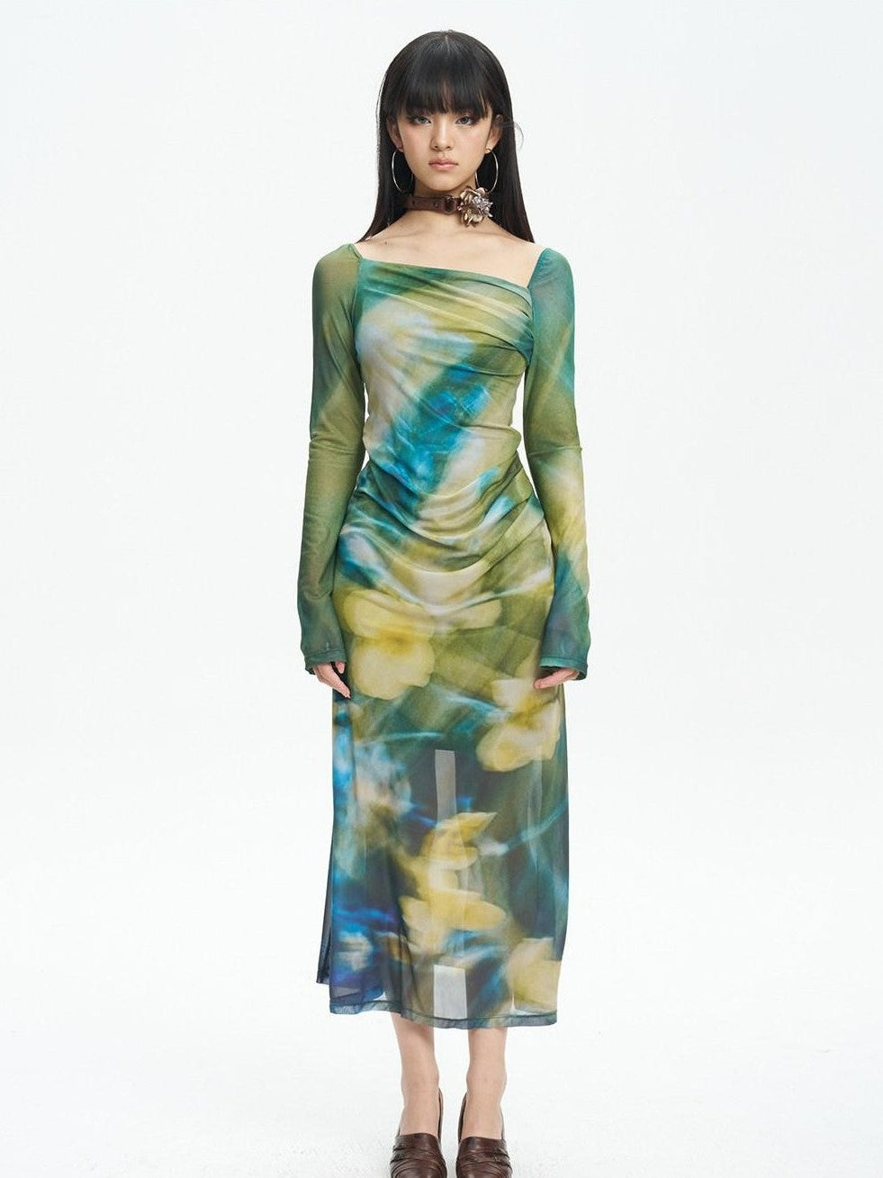 NextPassport MOF Green New Chinese Style Water Floral Mesh Women's Tulle Casual Maxi Dresses