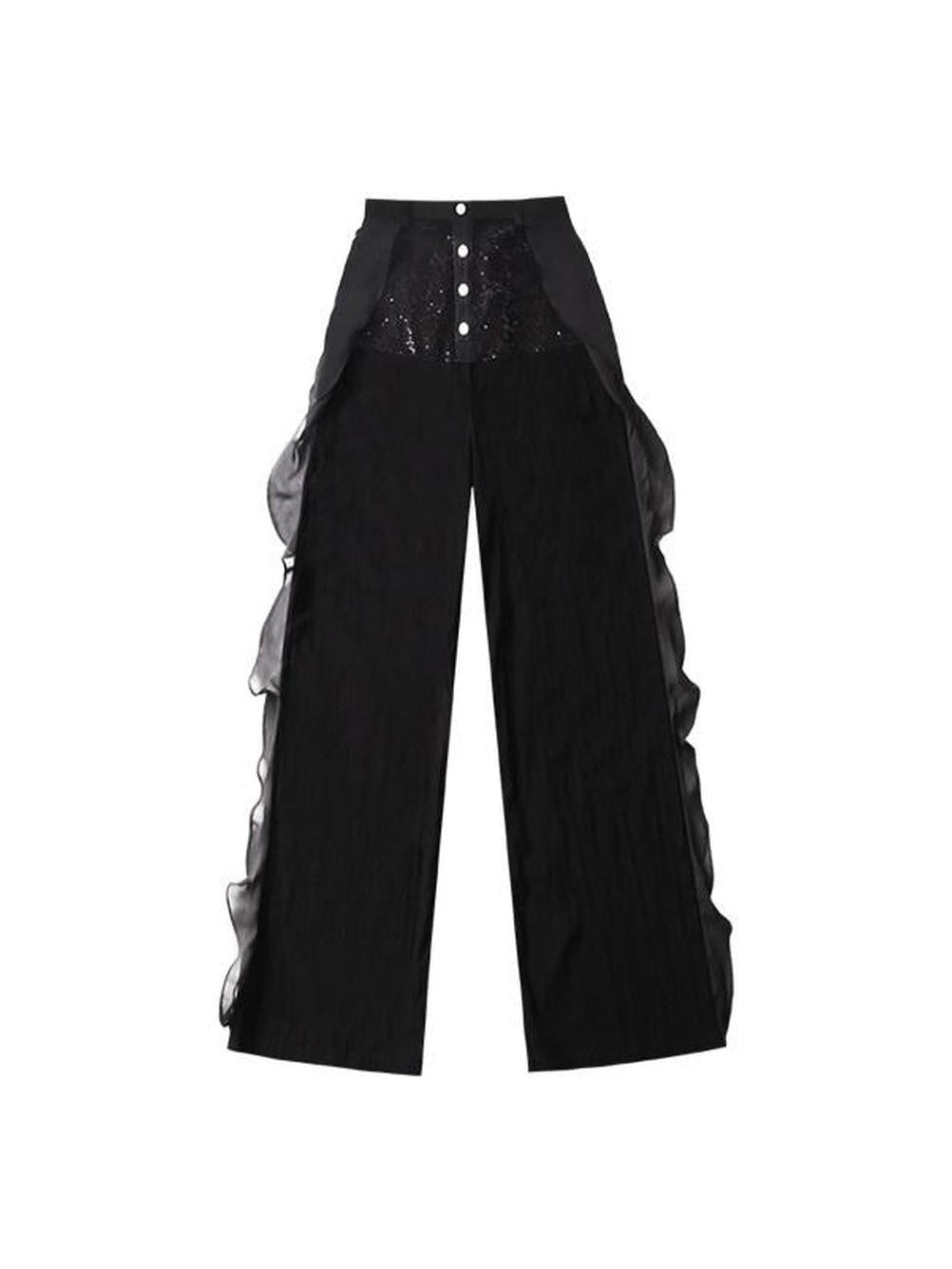 SENSELF Sequins Flowing Black Spliced Lace Trim Breathable Women's Wide-leg Pants