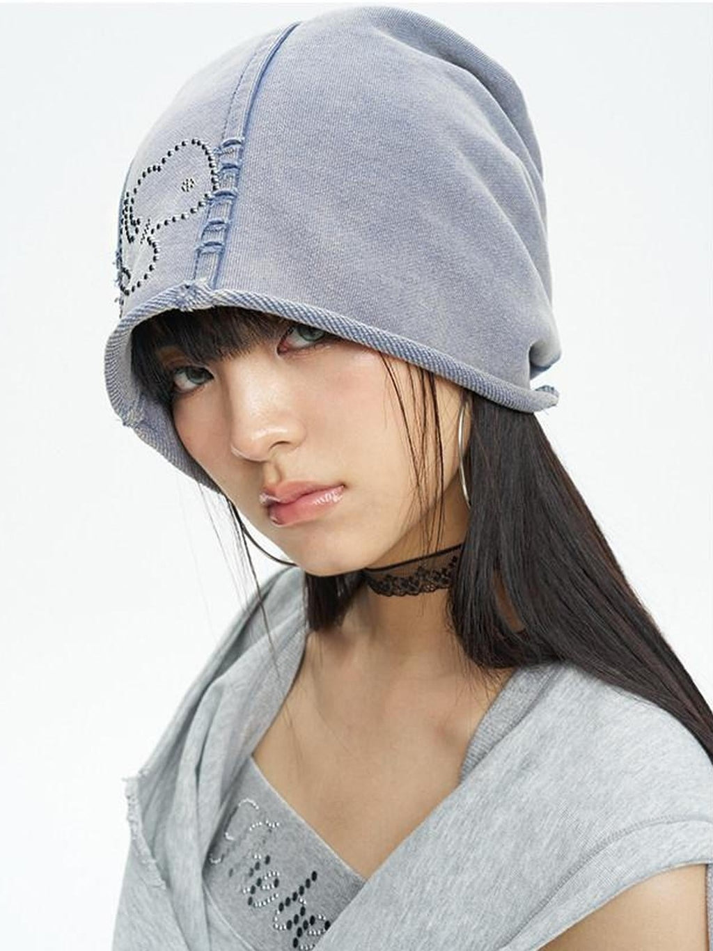 NextPassport MOF Blue Gray Vintage Washed Distressed Rhinestone Cartoon Women's Knit Beanies