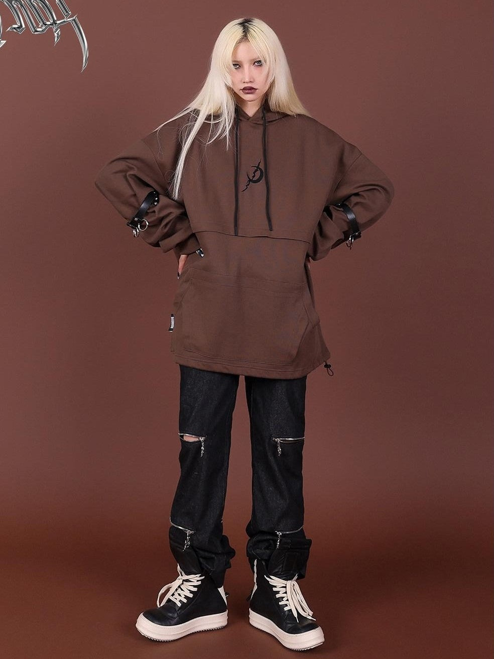 PINKSPINK Brown Embroidered Hooded Zip Convertible Women's Cotton Matching Skirt Sets