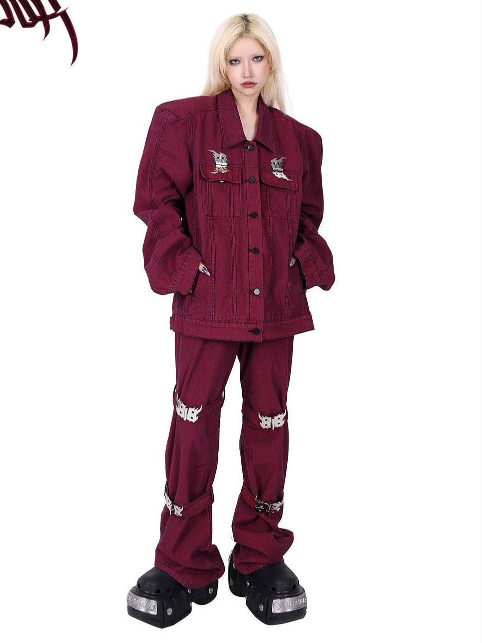 PINKSPINK Dark Red Flame Buckle Washed Padded Shoulder Rivets 3d Women's Denim Jackets