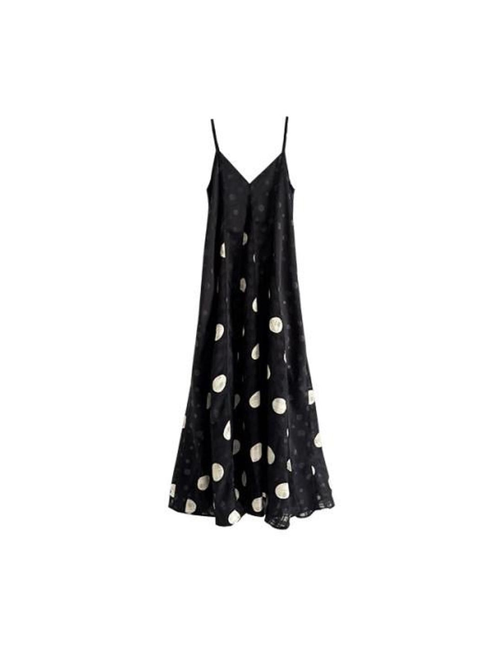 SENSELF Black Polka Dot Plaid Patchwork Asymmetrical V-neck Women's Slip Maxi Dresses