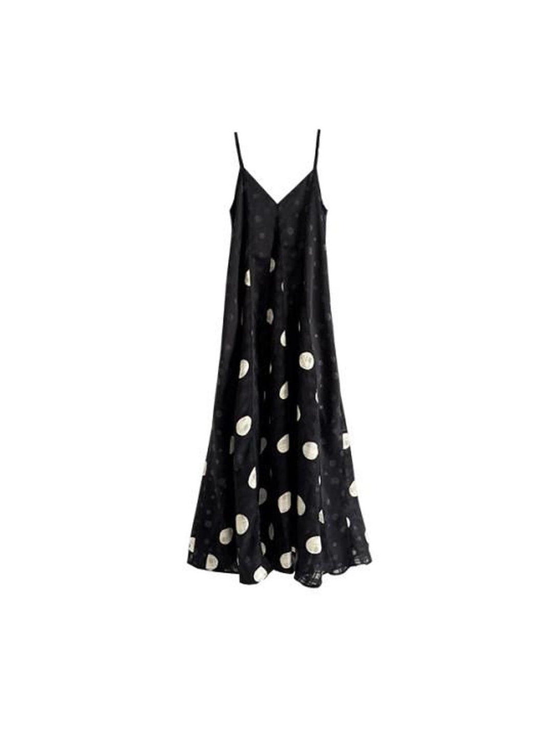 SENSELF Black Polka Dot Plaid Patchwork Asymmetrical V-neck Women's Slip Maxi Dresses