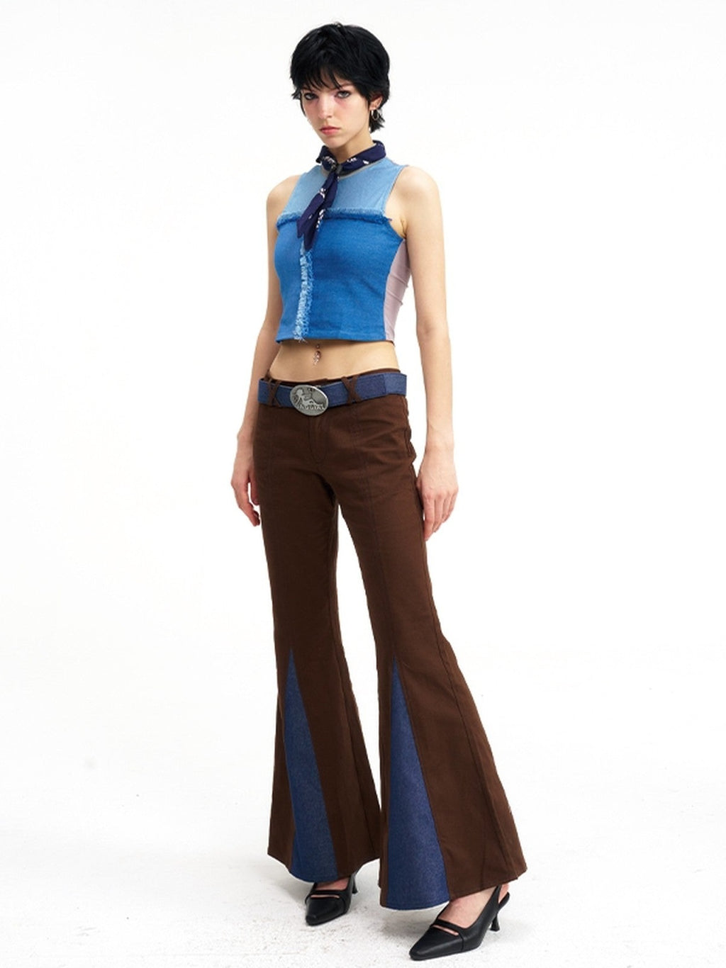 NextPassport MOF Brown Patchwork Denim Low Waist Zipper Women's Polyester Flare Jeans