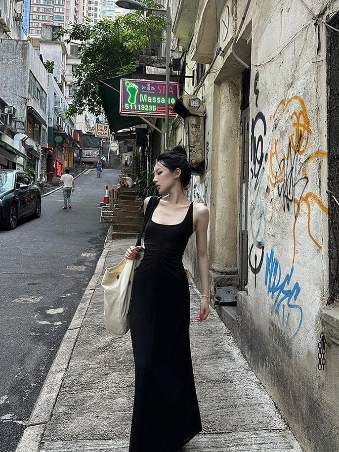 Fanptntox Black Slim Sleeveless U Neck Racerback Women's Cotton Blend Bodycon Maxi Dresses