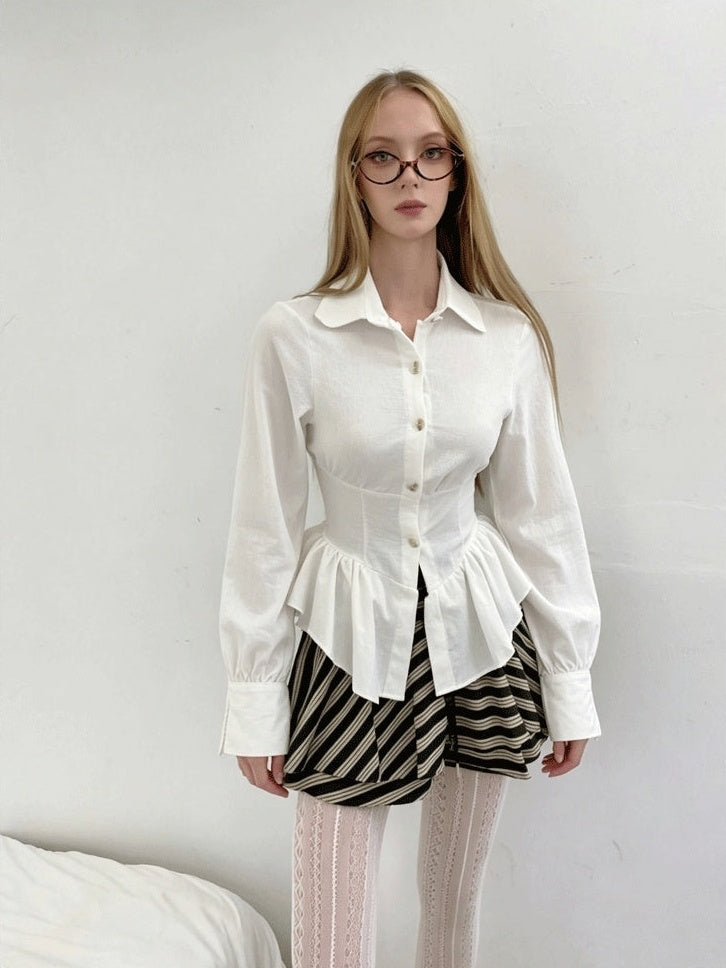 GGLOYDIUS_White_Ruffle_Cinched_Waist_Pure_Cotton_Long_Sleeve_Women's_Blouses_1079361794019_MISSTT