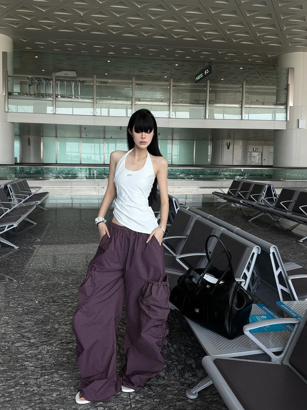 Fanptntox Purple Ruched Asymmetrical Cargo Low Waist Women's Other Wide-leg Pants