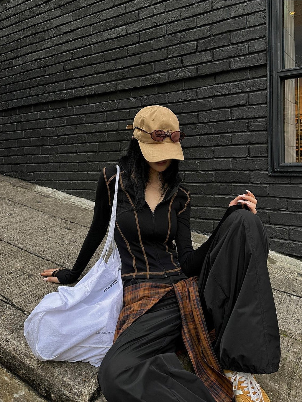 Fanptntox Black Parachute Paperbag Low Waist Tactical Women's Other Fabric Wide-leg Pants