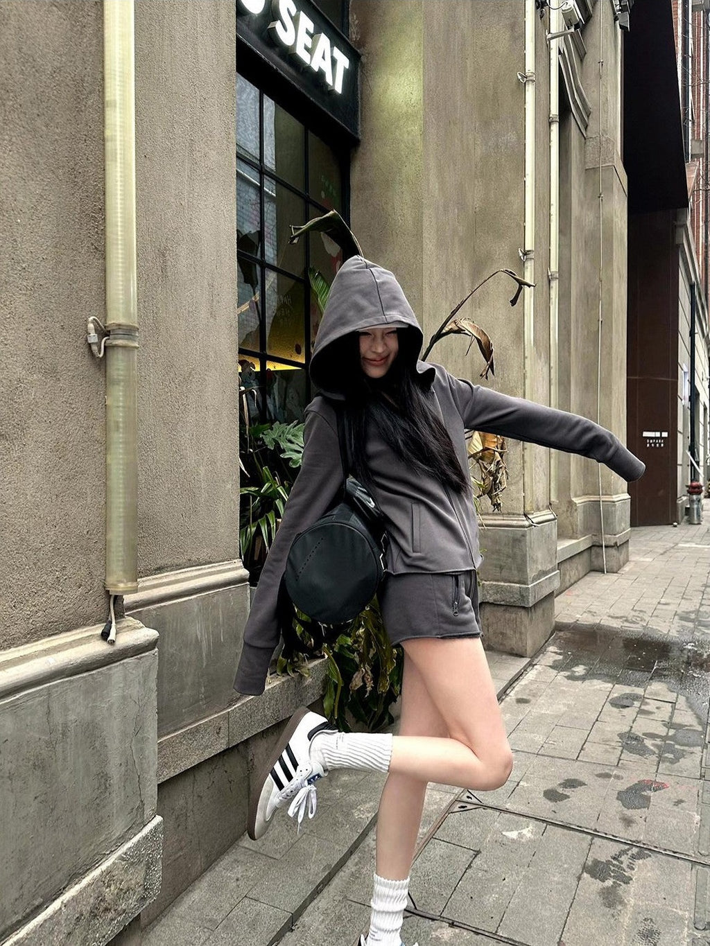 Fanptntox Deep Gray Hooded Zip Up Slim Fit Women's Casual Top & Shorts Sets