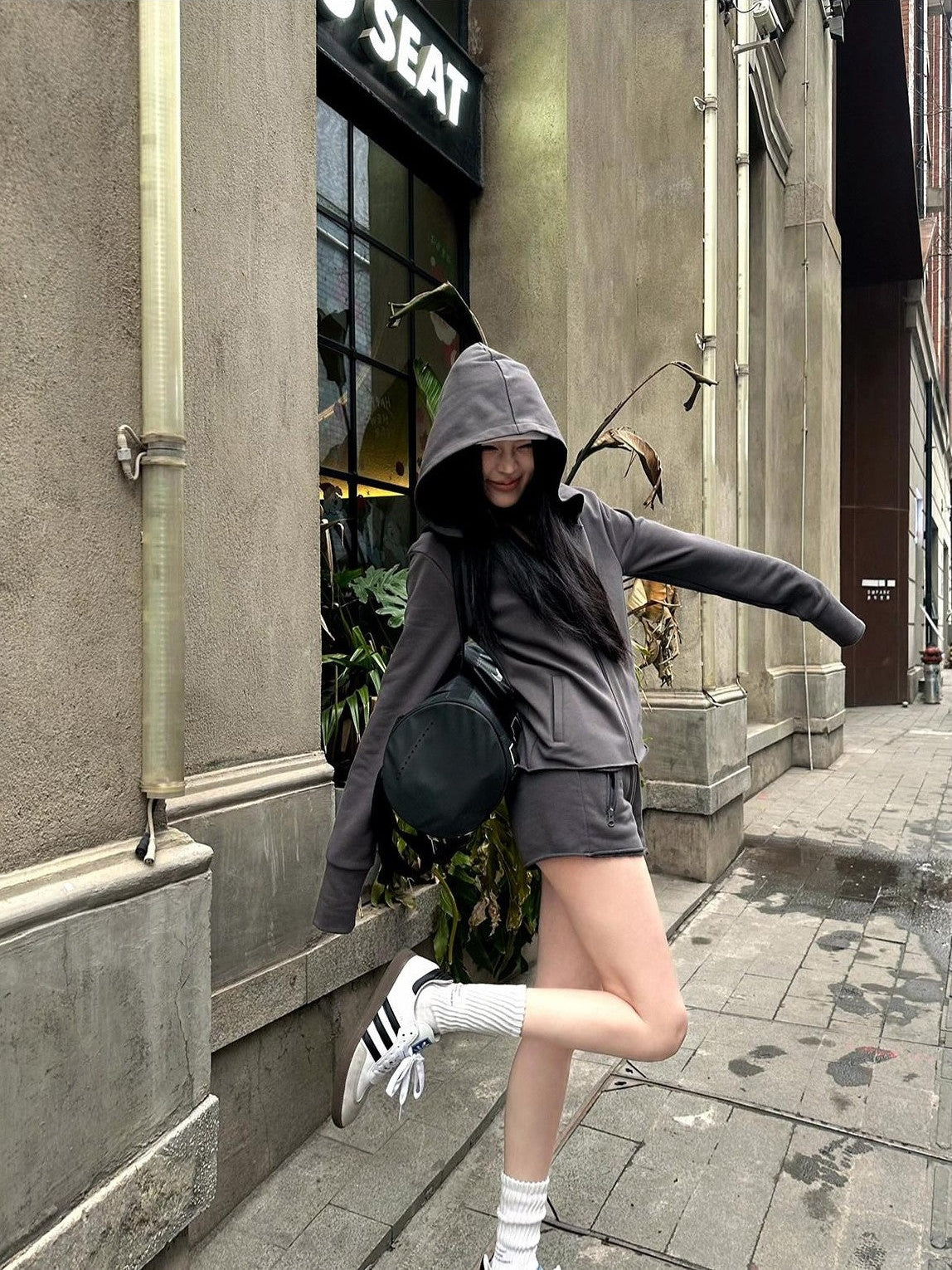 Fanptntox Deep Gray Hooded Zip Up Slim Fit Women's Casual Top & Shorts Sets