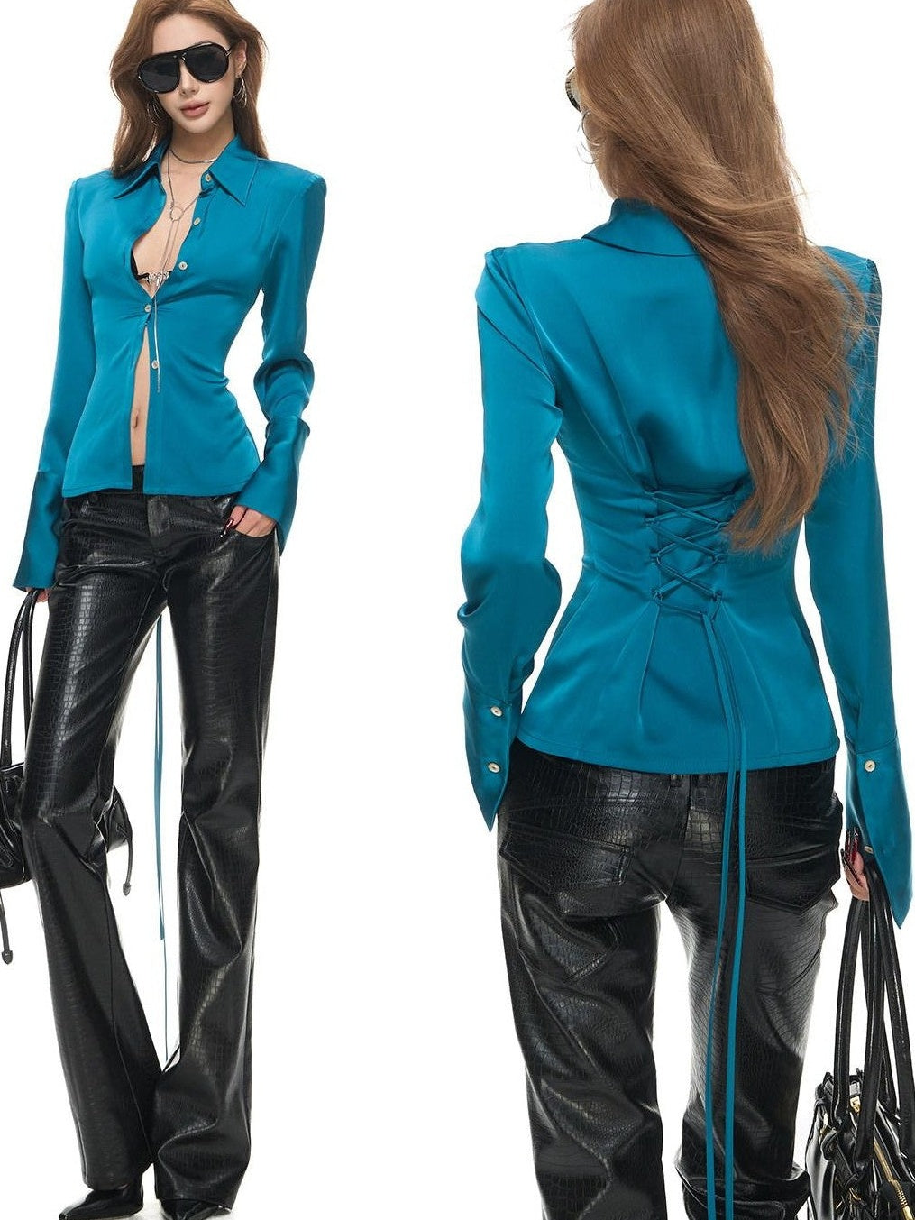 Fanptntox Peacock Blue Cinched Waist Lapel Long Sleeve Women's Polyester Satin Shirts