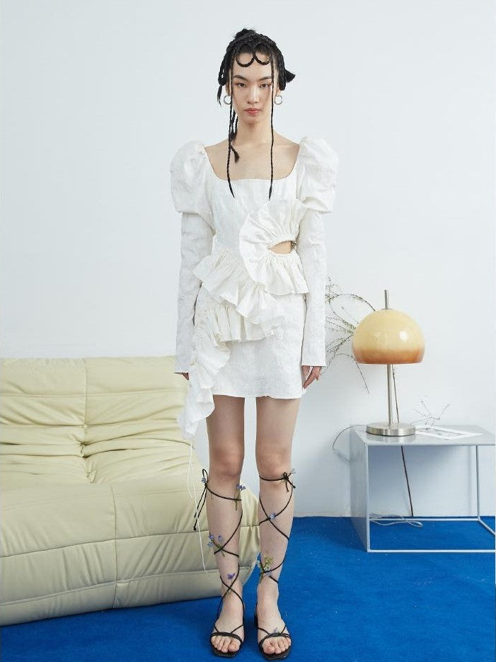 Jnylon studios Jacquard Ruched Ruffle Puff Sleeve Cutout Women's A Line Casual Mini Dresses