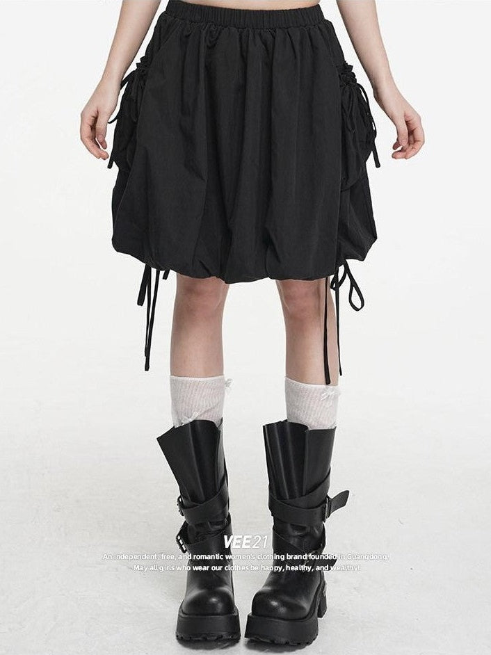VEEMIX Black Double Pocket Tie Utility Women's Cotton Blend Pleated Puff Mini Skirts