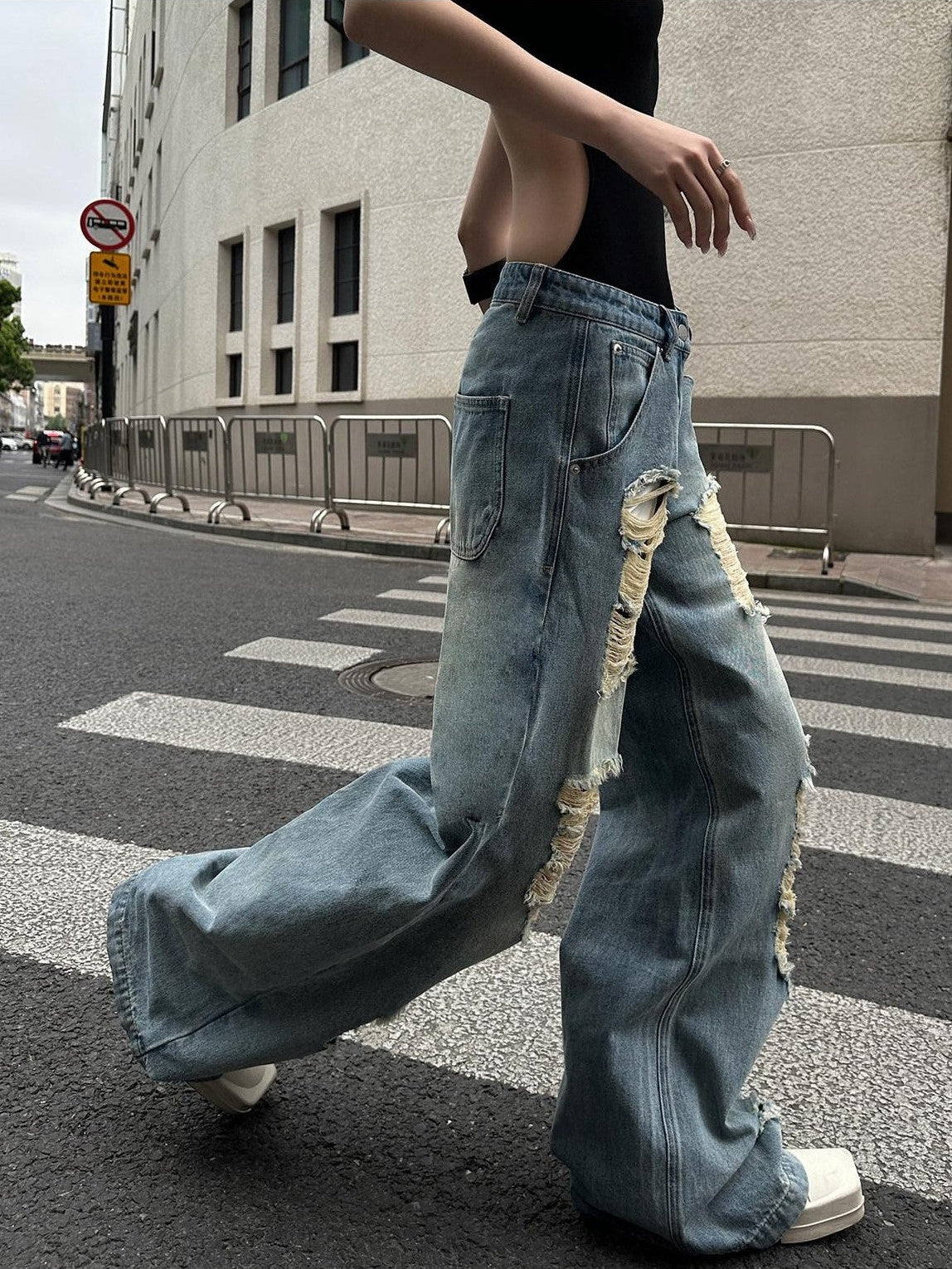 Fanptntox Light Wash Vintage Ripped High Waist Women's Denim Wide-leg Jeans