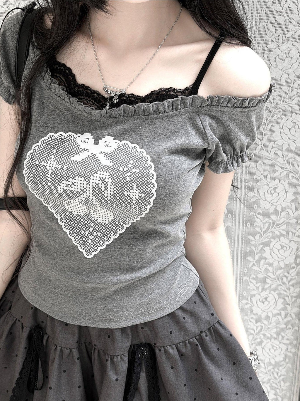 Kyouko Baby Millennial Gray Heart Print Puff Sleeve Off Shoulder Women's Matching Skirt Sets