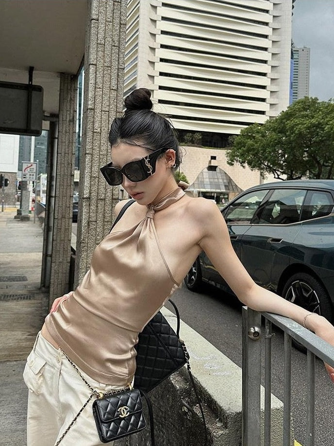 Fanptntox Khaki Knotted Tie Slim Fit Sleeveless Women's Satin Halter Tops