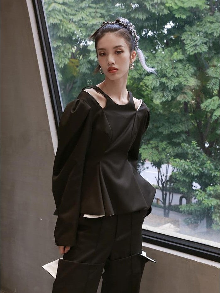 Jnylon studios Open Back Lace Up Ruffle Hem Bubble Sleeve Women's Casual Jackets