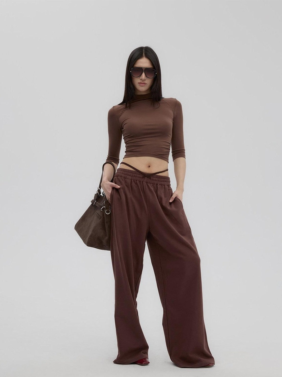 Fanptntox Brown Retro Mock Neck Slim Fit Women's Knit Wide Leg Casual Top & Pants Sets