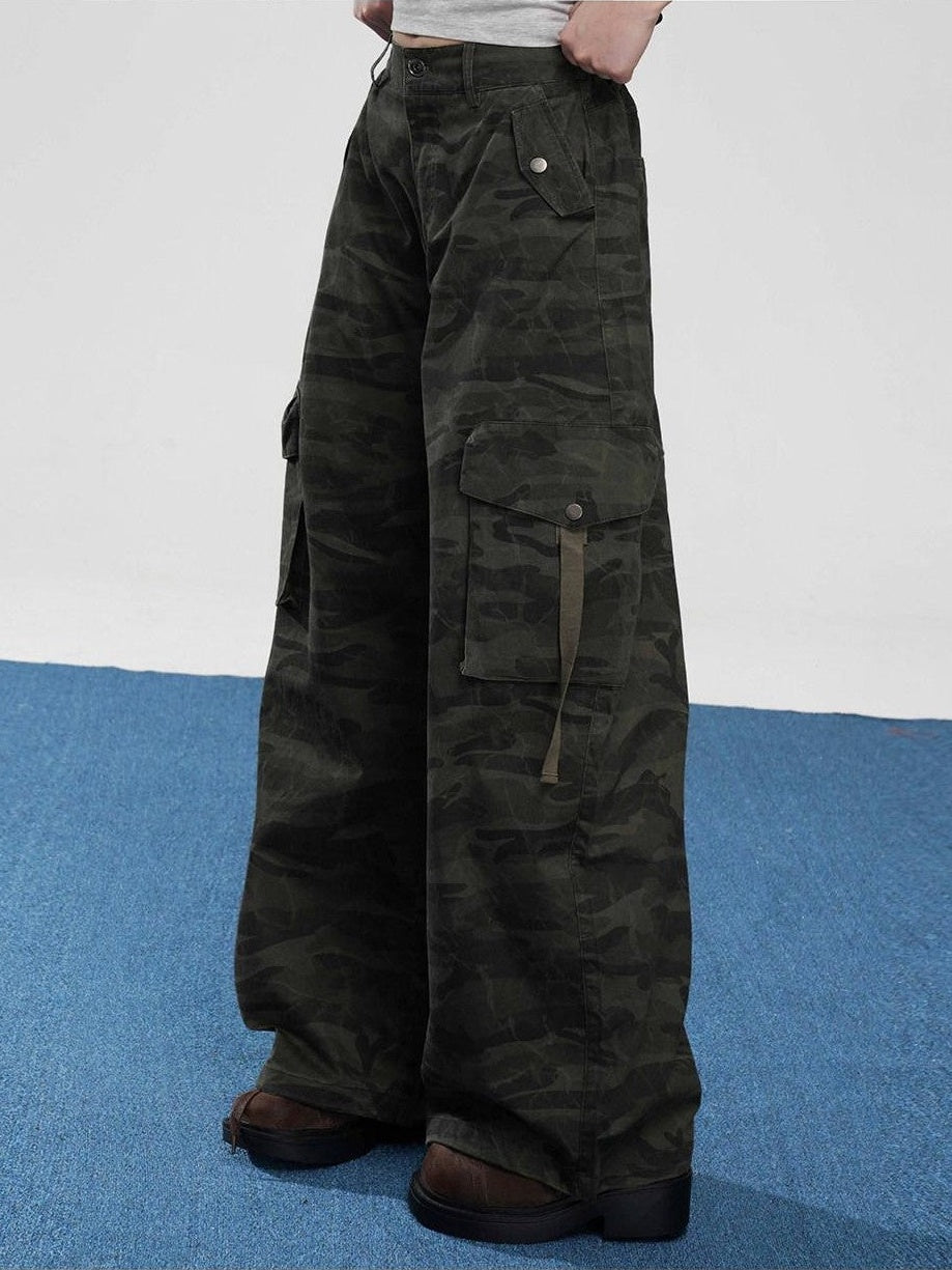 VEEMIX Military Green Camouflage Cargo Pockets Women's Cotton Blend Wide-leg Pants