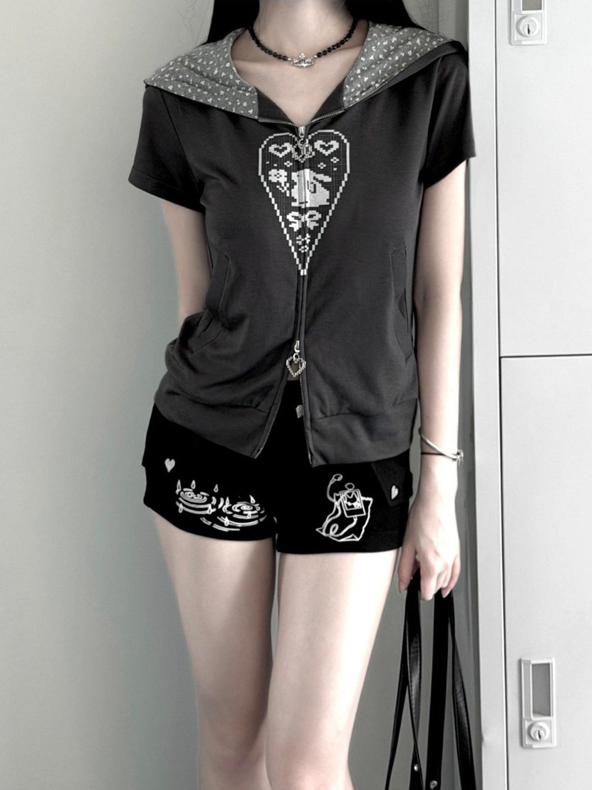 Kyouko Baby Cozy Bunny Ear Hooded Slim Double Zipper Women's Short Sleeve T-shirts