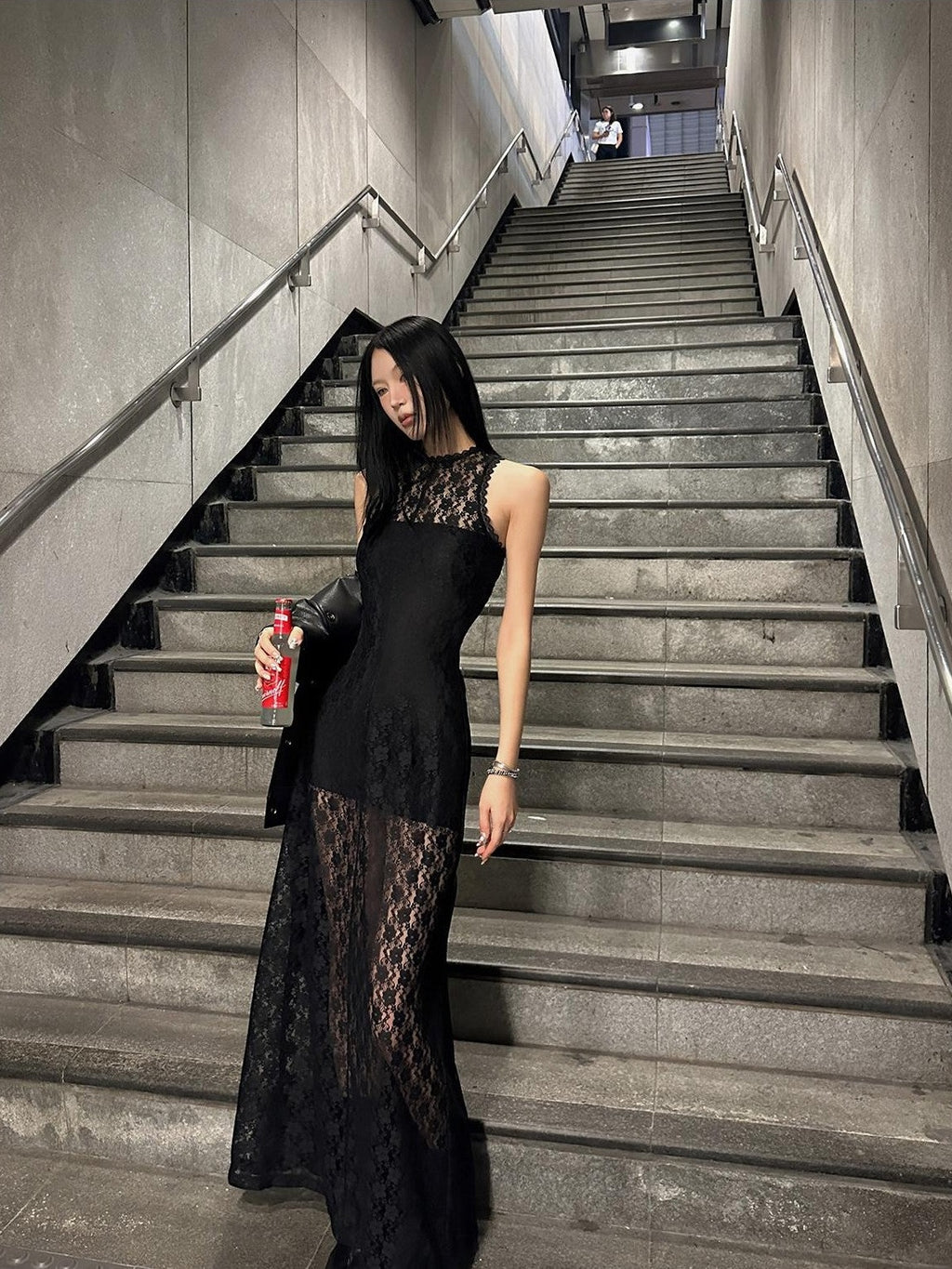 Fanptntox Black Lace Sleeveless High Waist Mermaid Two Piece Women's Mesh Maxi Dresses