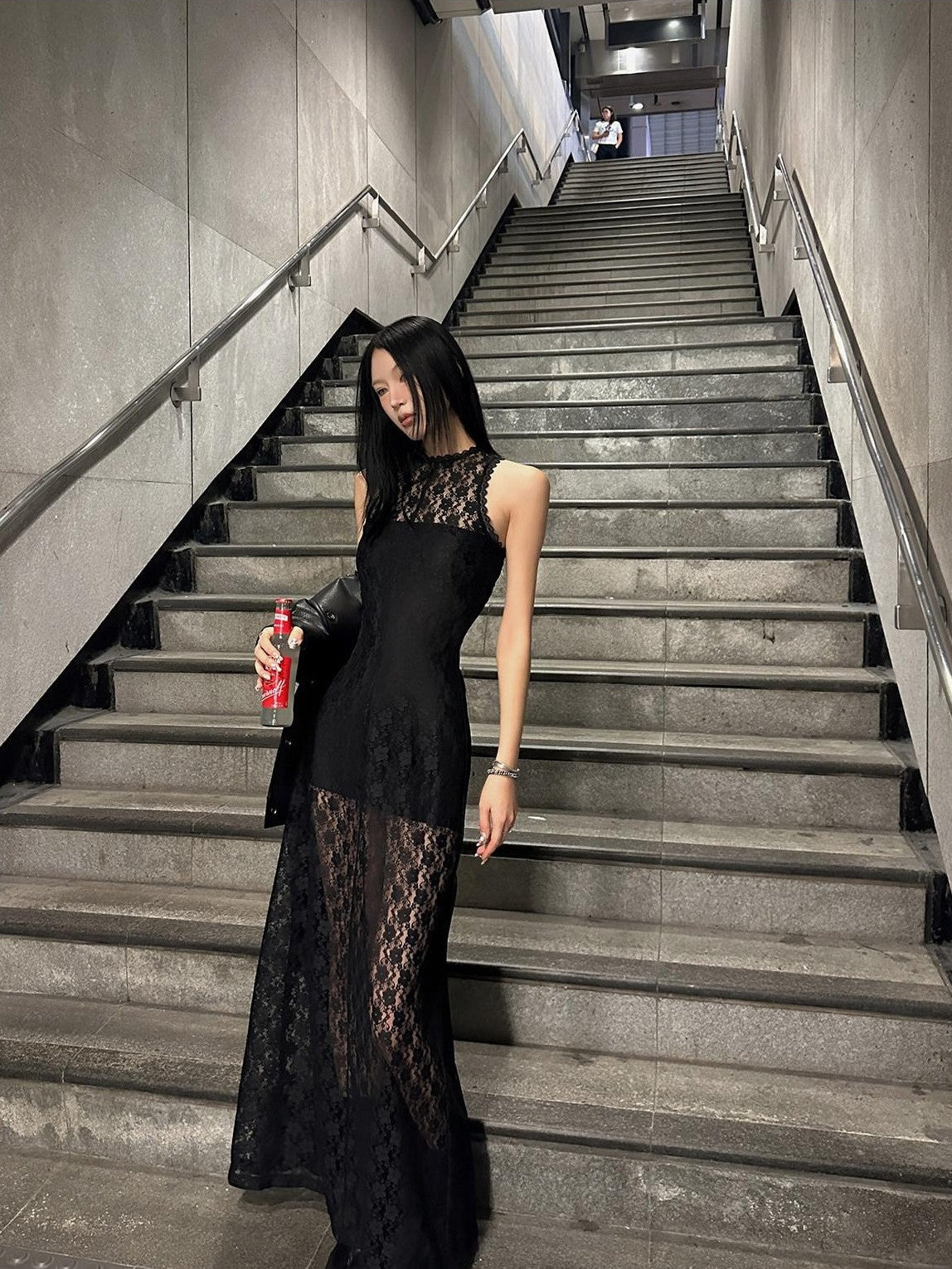Fanptntox Black Lace Sleeveless High Waist Mermaid Two Piece Women's Mesh Maxi Dresses