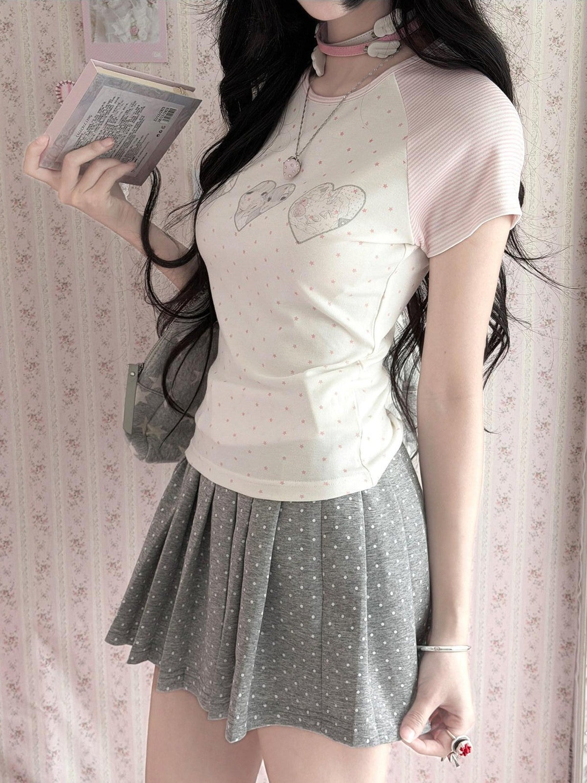 Kyouko Baby Doll Print Polka Dot Short Sleeve T Shirt Women's Matching Skirt Sets