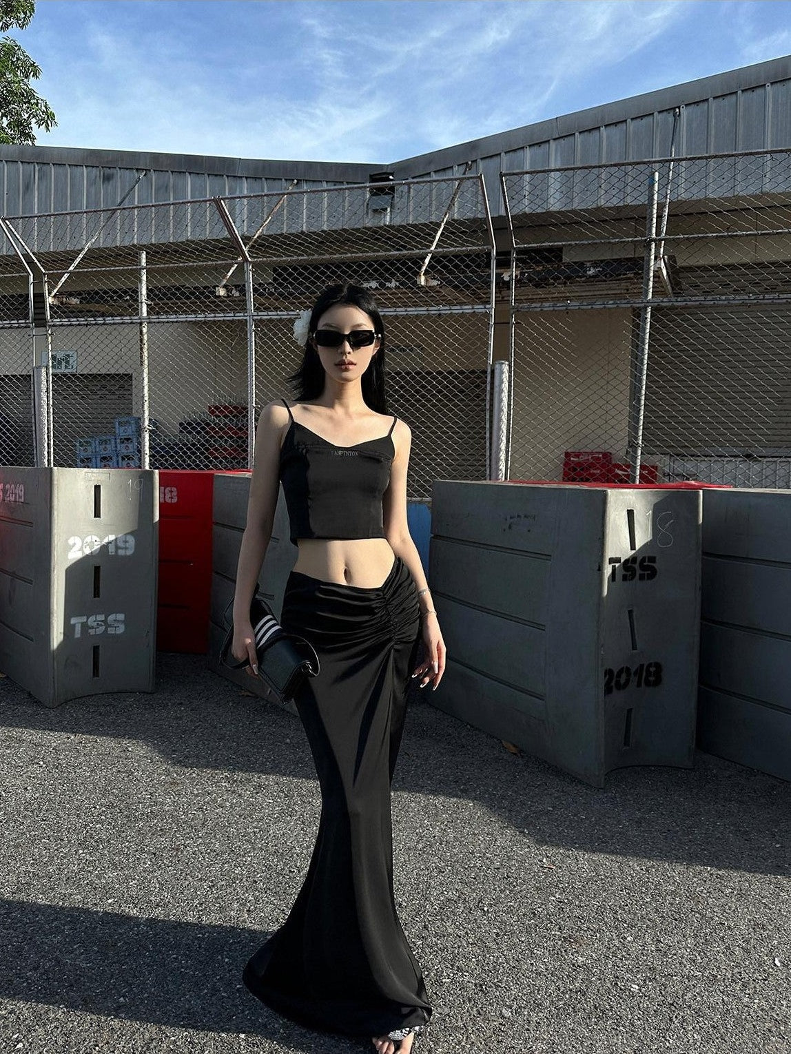 Fanptntox Black Solid Slim Cropped Street Style Women's Other Fabric Camisoles