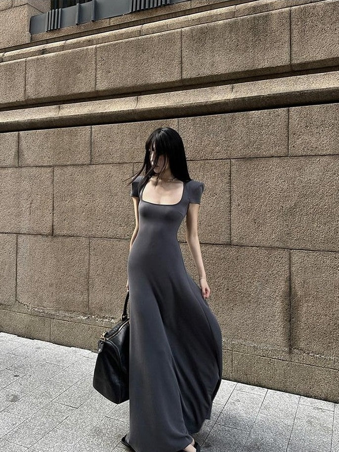 Fanptntox Square Neck Padded Shoulder Short Sleeve Aline Women's Other Casual Maxi Dresses