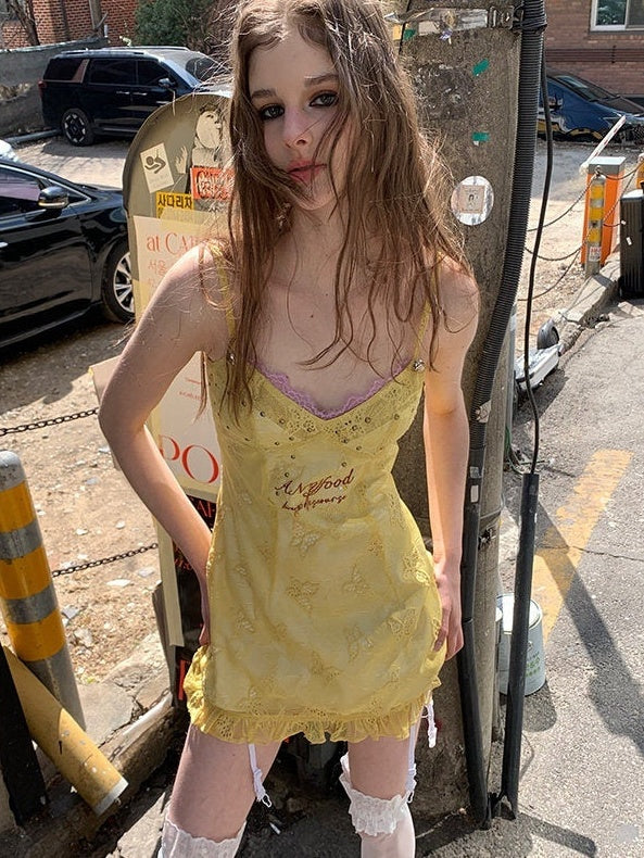 UNIVERSE_Lemon_Yellow_Butterfly_Embroidery_Cinched_Waist_Women's_Cotton_Slip_Mini_Dresses_772991650121_MISSTT