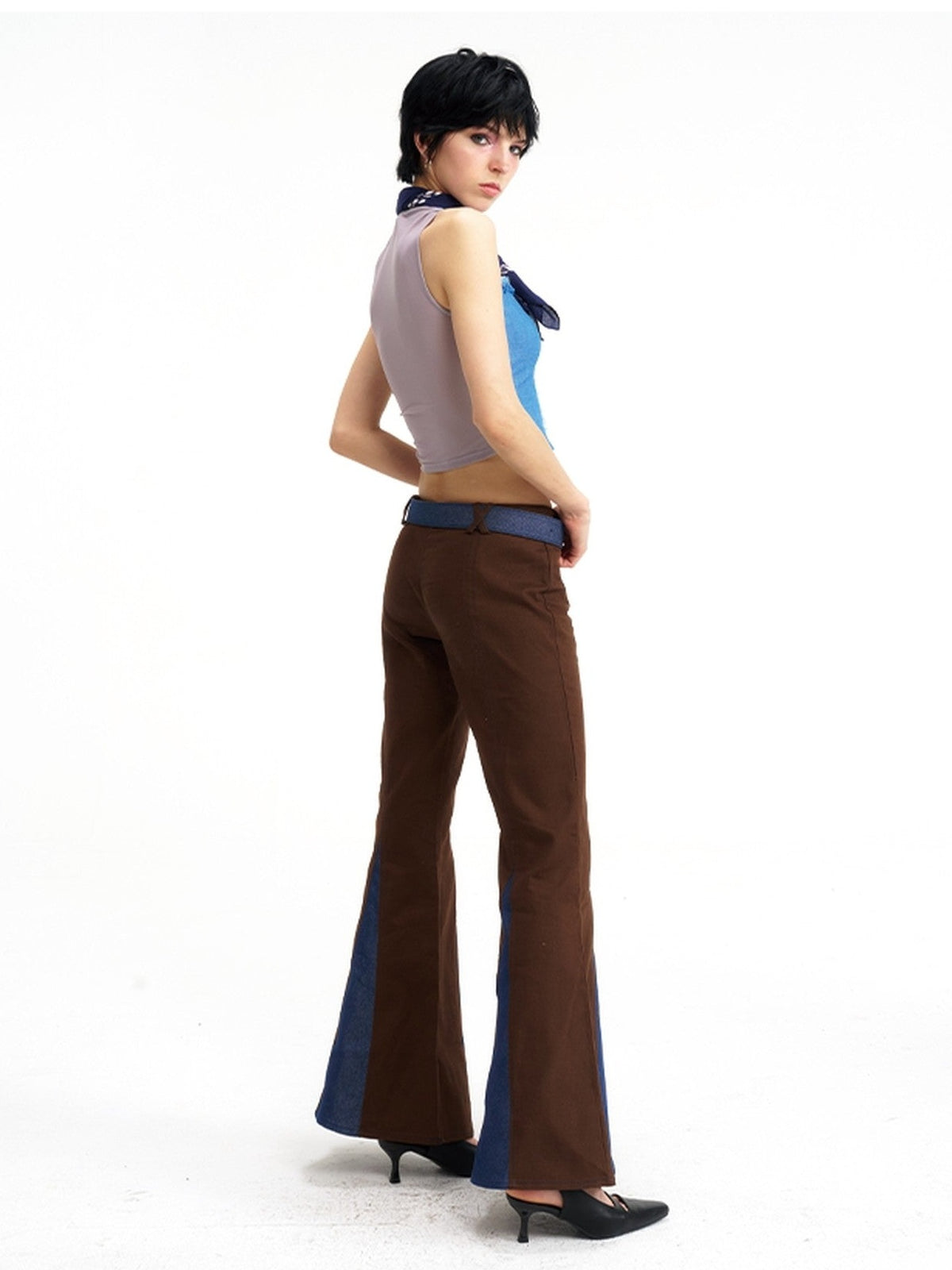NextPassport MOF Brown Patchwork Denim Low Waist Zipper Women's Polyester Flare Jeans