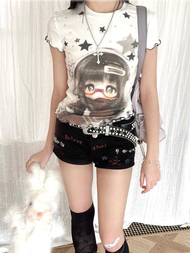 Kyouko Baby Star Print Patchwork Bjd Inspired Women's Lightweight Short Sleeve T-shirts