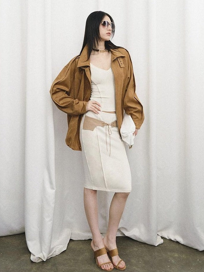 Fanptntox Caramel Vintage Large Lapel Low Waist Women's Suede Velvet Matching Skirt Sets