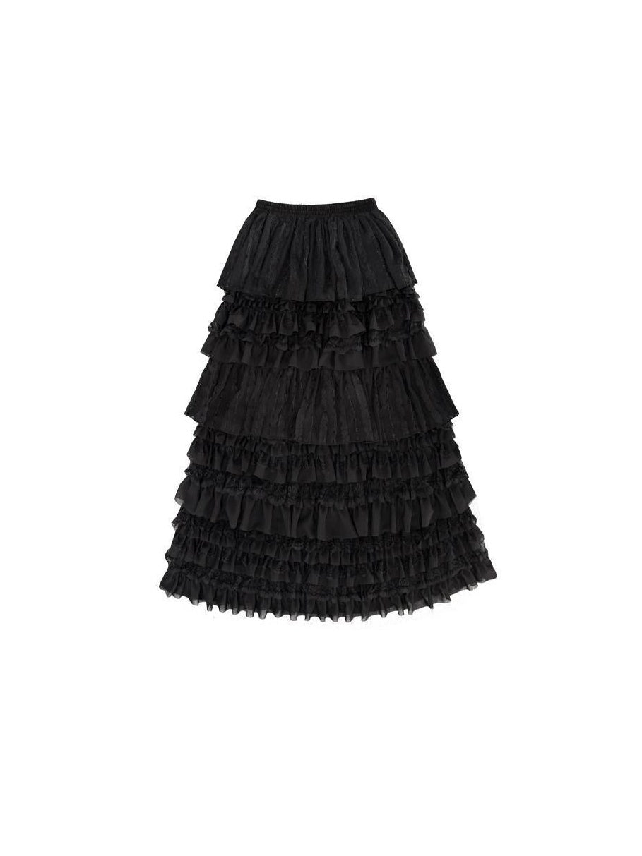 SENSELF Black Pleated Lace Irregular Patchwork Women's Tulle Tiered Skirts