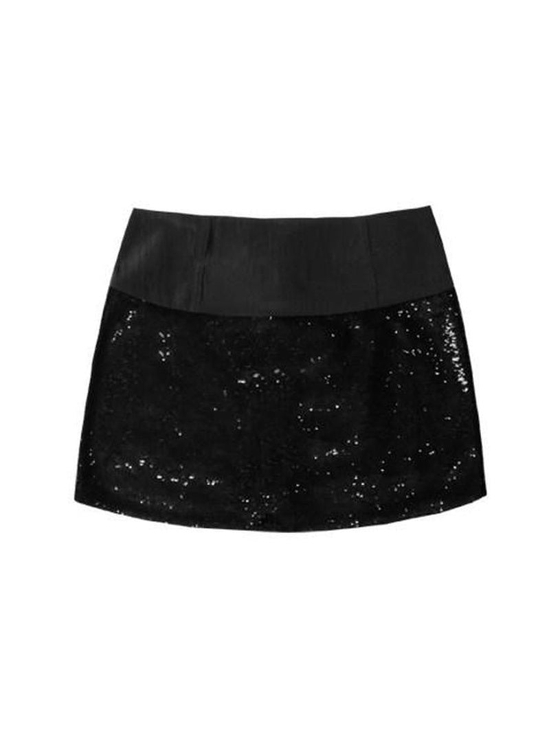 SENSELF Vintage Patchwork Low Waist Women's Black Sequin A-line Skirts