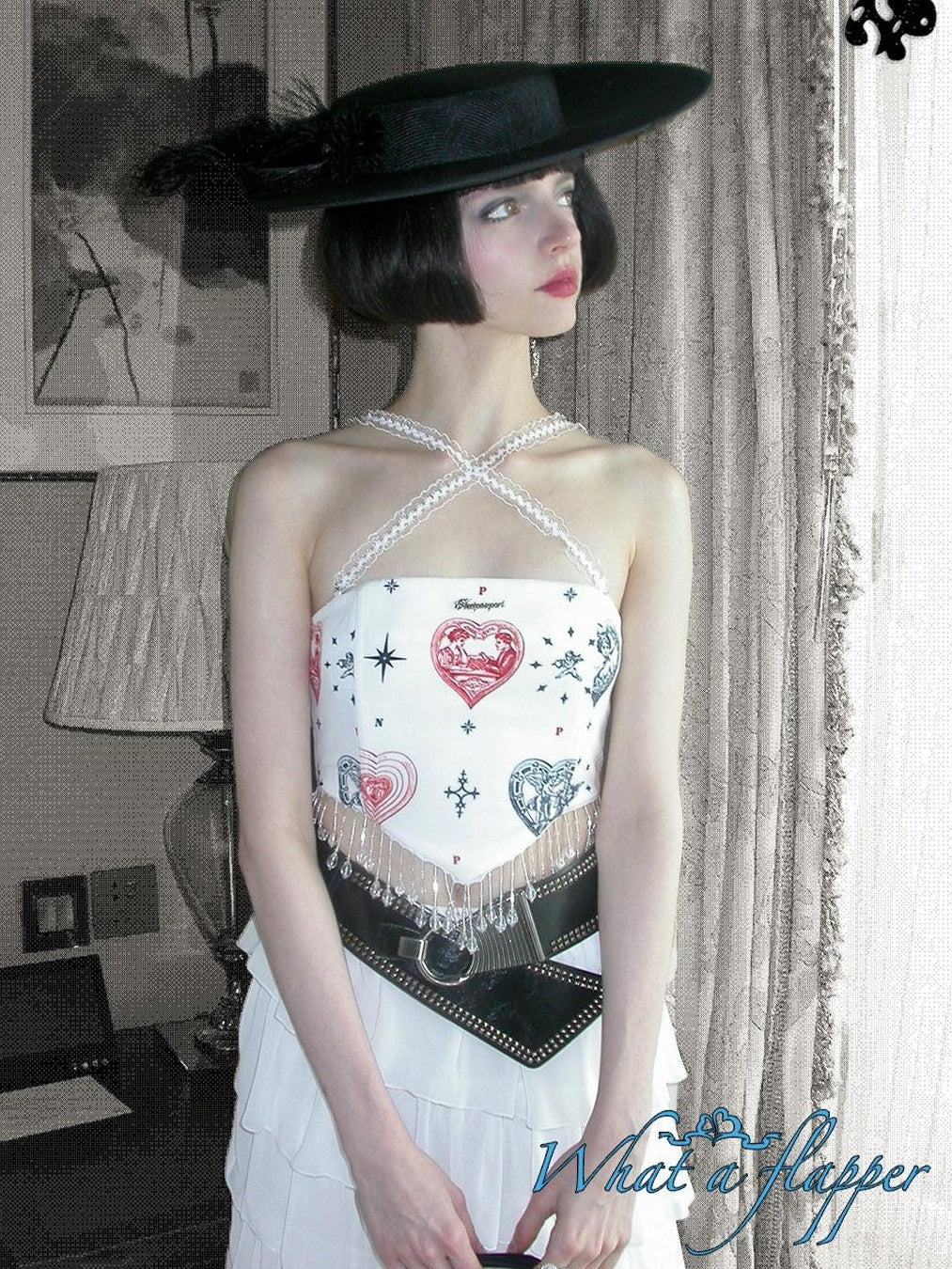 NextPassport MOF Heart Print Fishbone Boned Pendant Strap Women's Polyester Corset Tops