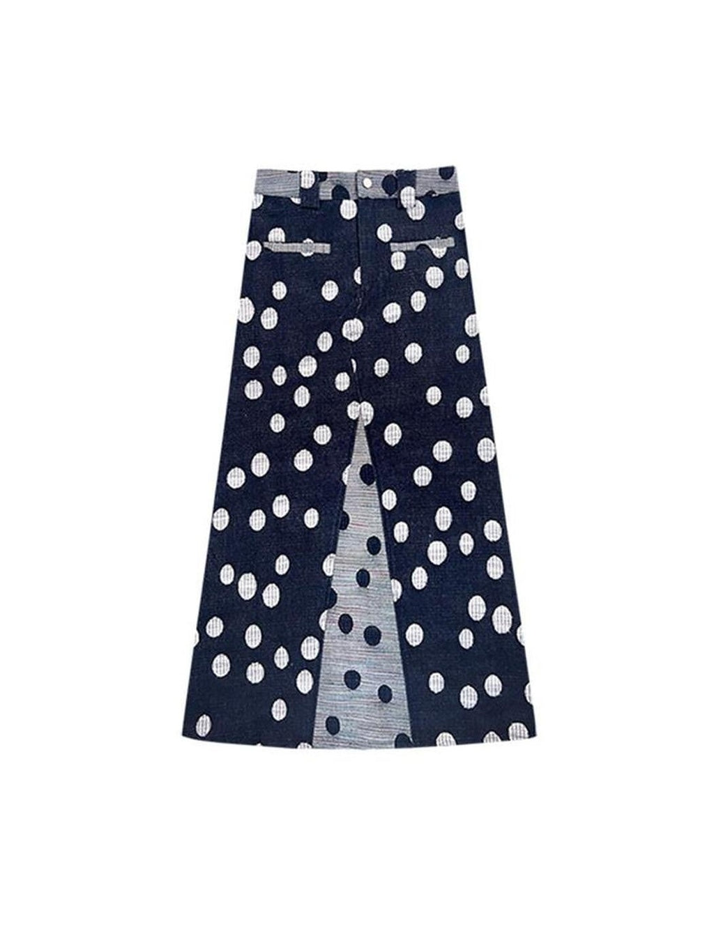 SENSELF Black And Navy Polka Dot A Line Low Waist Women's Denim Maxi Skirts