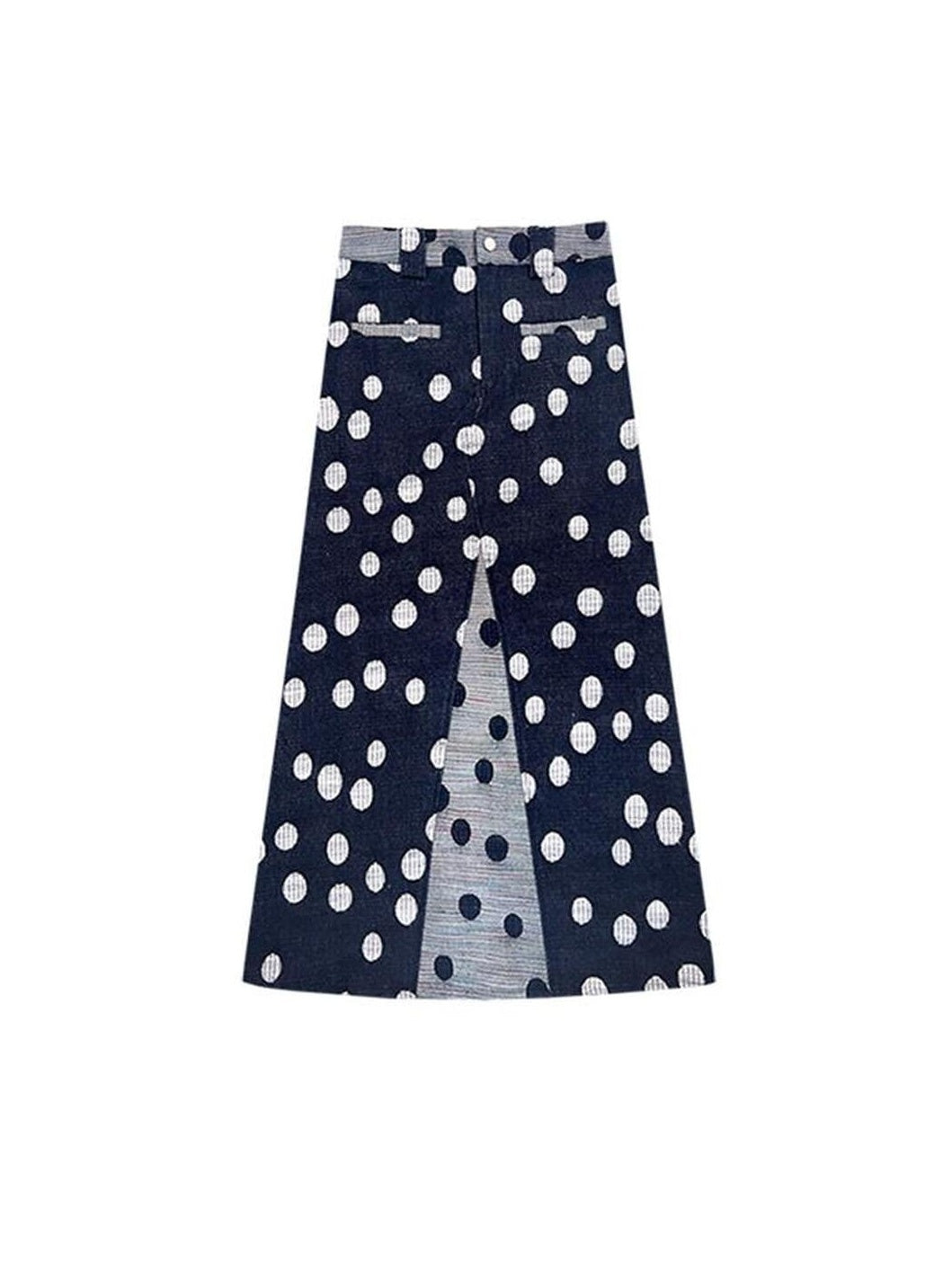 SENSELF Black And Navy Polka Dot A Line Low Waist Women's Denim Maxi Skirts