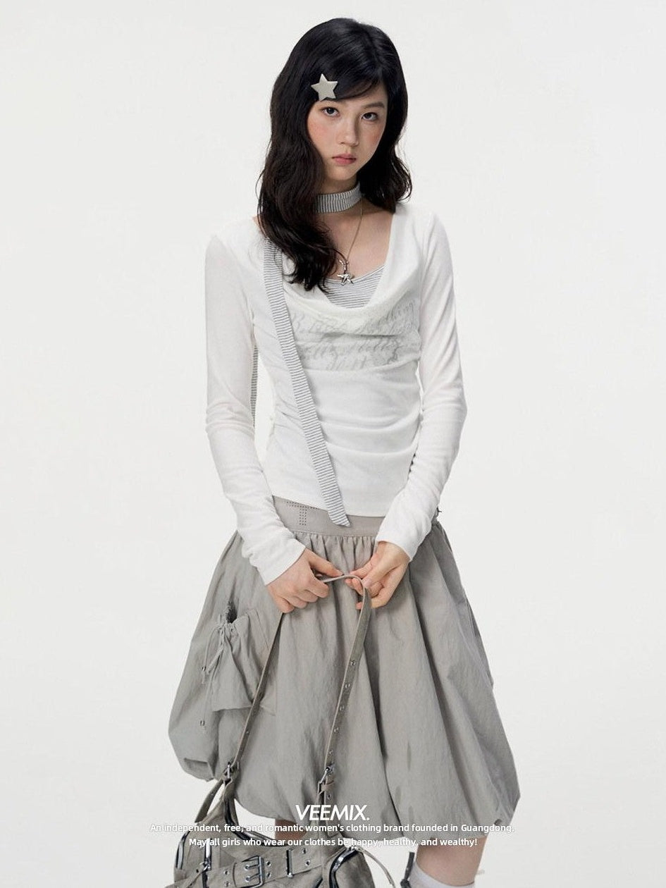 VEEMIX Smoky Gray Beaded Tie Bubble Hem High Waist Women's Cotton Nylon Midi Skirts