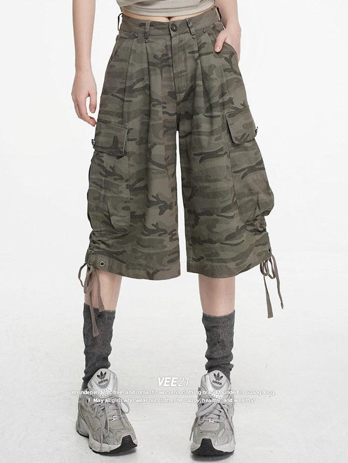 VEEMIX Cement Gray Camouflage Cargo Drawstring Pockets Women's Cropped Jeans