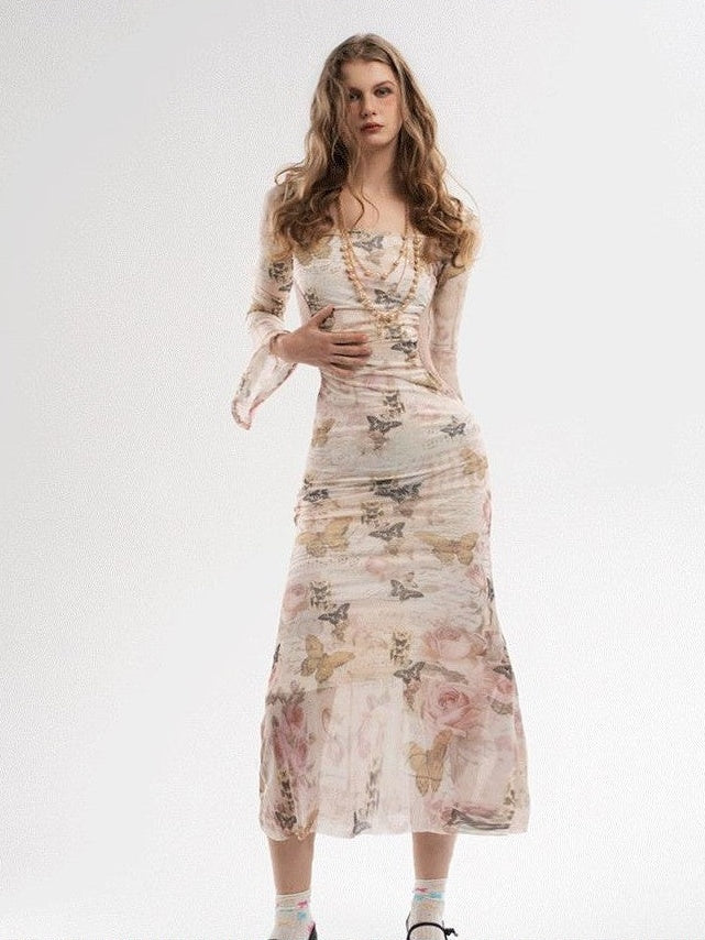 GGLOYDIUS Butterfly Print Bell Sleeve Ruched Waist Women's Triacetate Bodycon Maxi Dresses