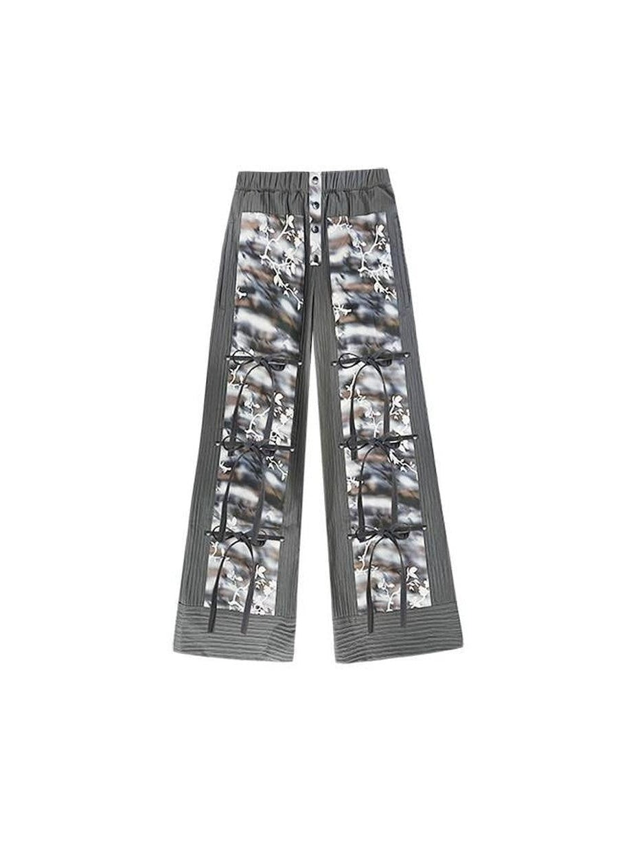 SENSELF Blue Gray Printed Detachable Strap Loose Women's Wide-leg Pants