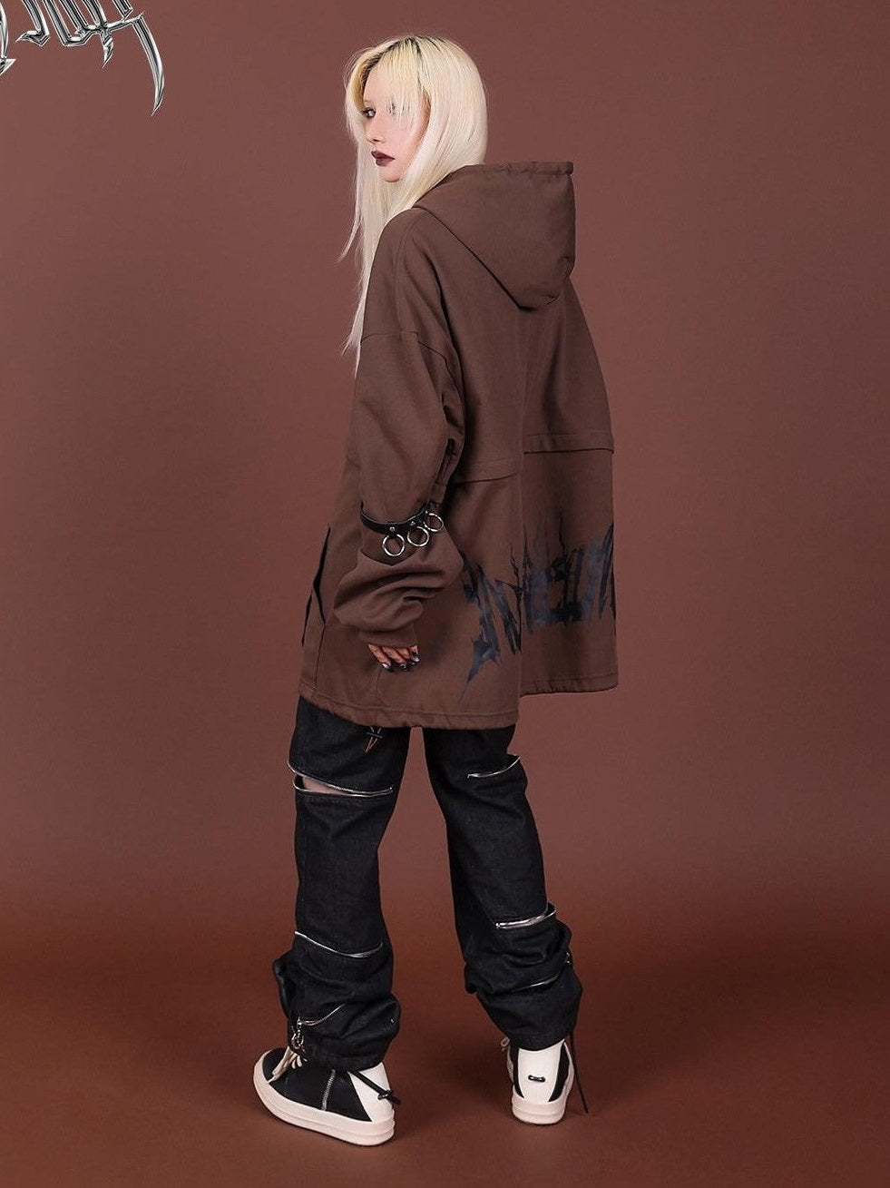 PINKSPINK Brown Embroidered Hooded Zip Convertible Women's Cotton Matching Skirt Sets